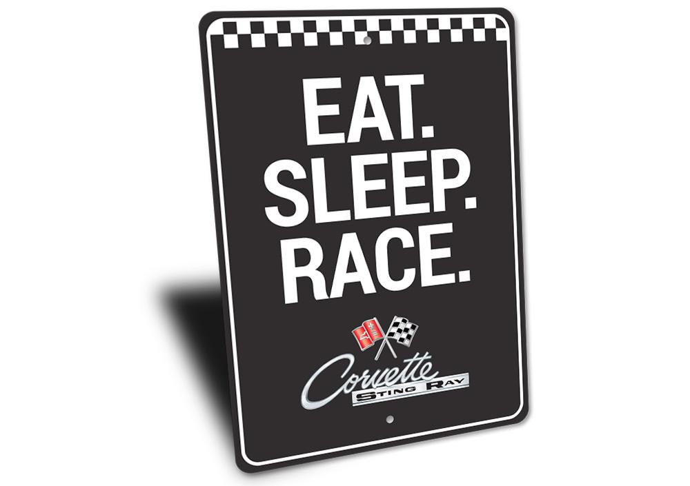 Eat Sleep Race Chevy Stingray Sign made of high-quality aluminum, featuring vibrant graphics and customizable text options.