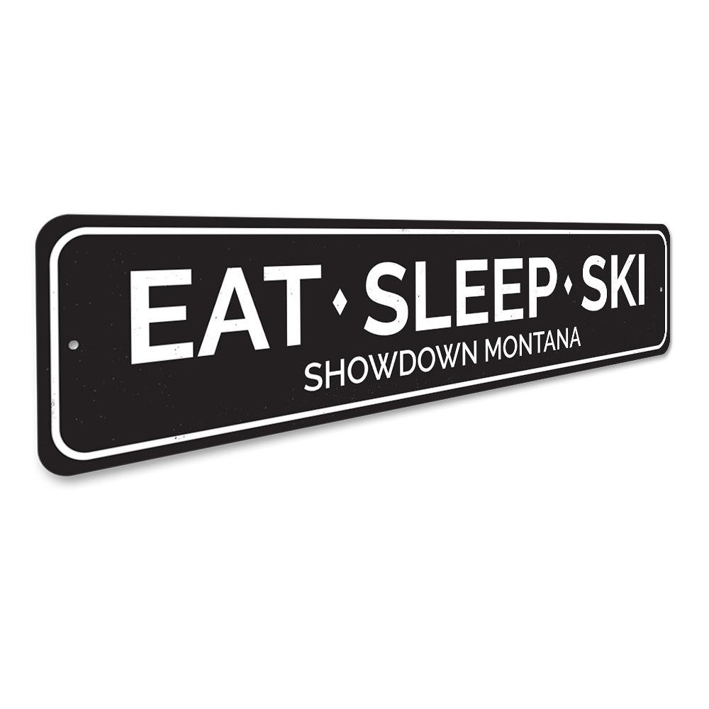 Eat Sleep Ski Sign made of durable aluminum, featuring a stylish design perfect for ski enthusiasts, ideal for wall decoration.