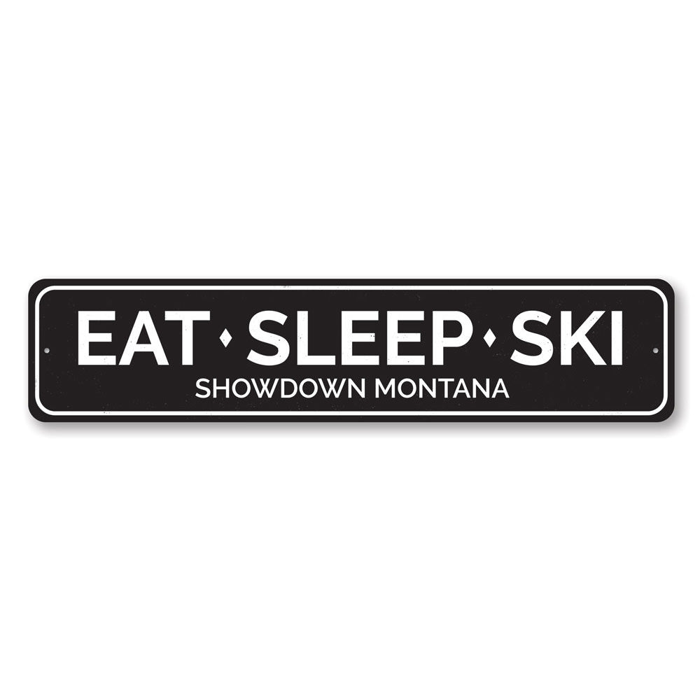 Eat Sleep Ski Sign made of durable aluminum, featuring a stylish design perfect for ski enthusiasts, ideal for wall decoration.