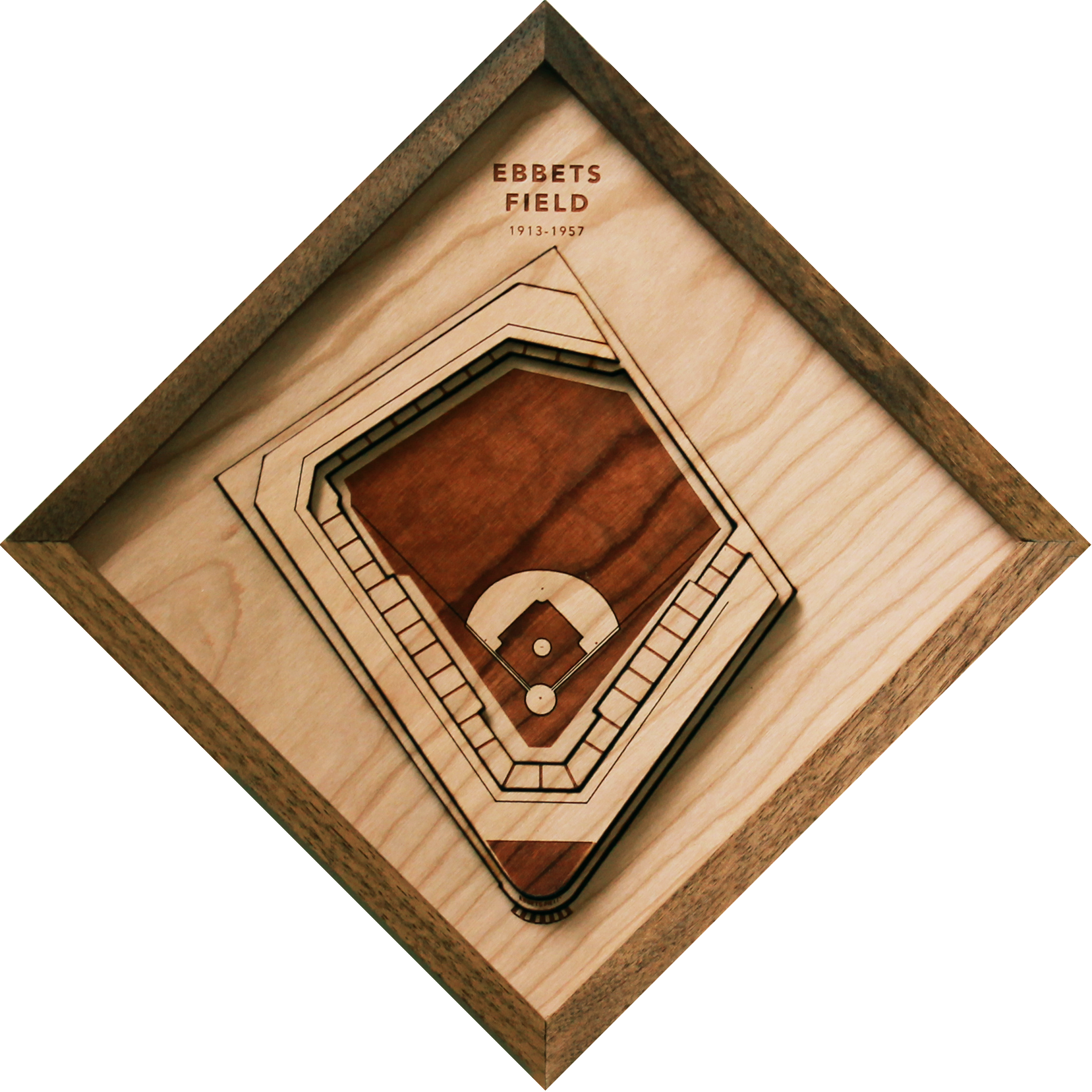 Ebbets Field replica showcasing intricate details and premium hardwood craftsmanship, framed in black walnut.