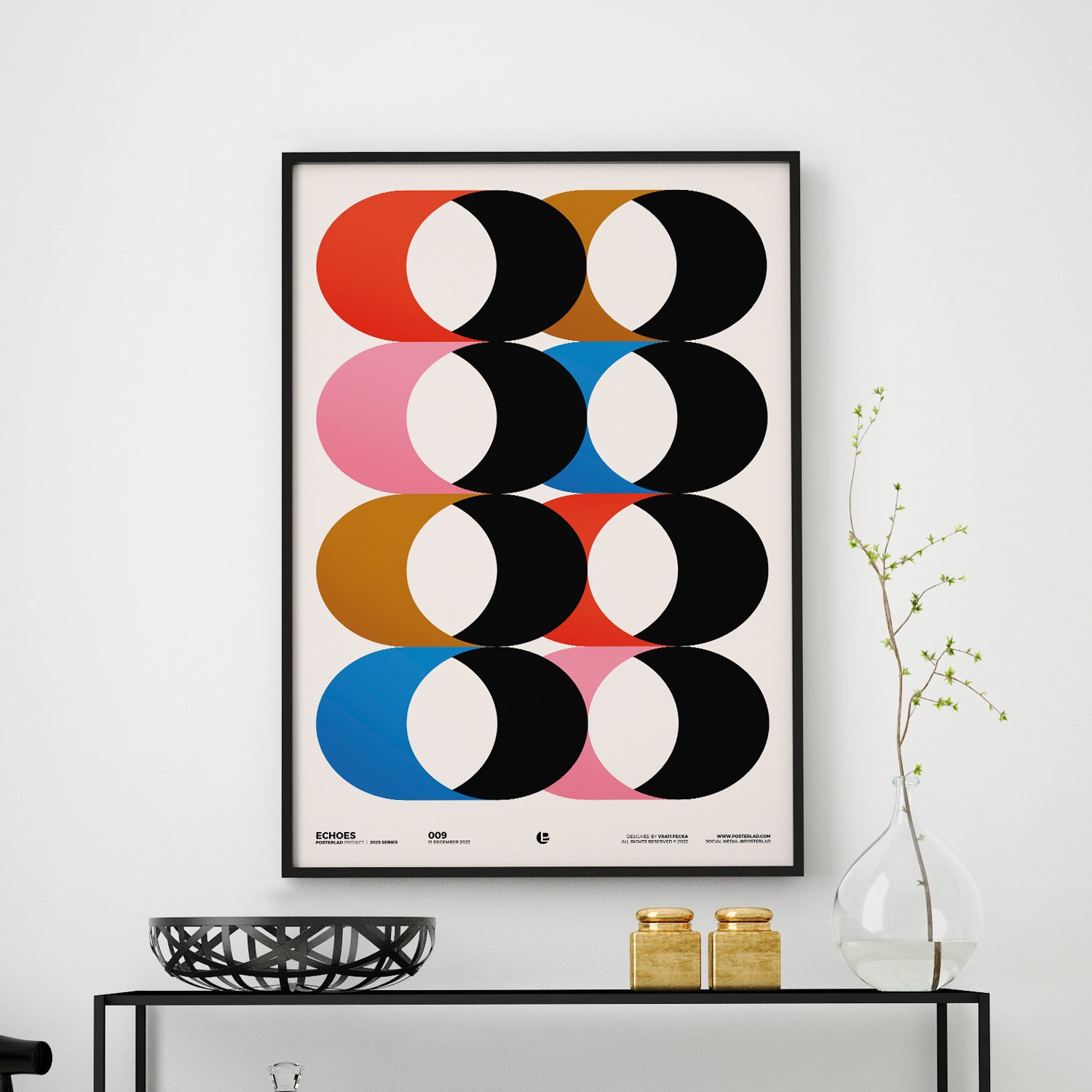 A vibrant and colorful poster titled Echoes, showcasing a beautiful design on thick matte paper, perfect for home or office decor.