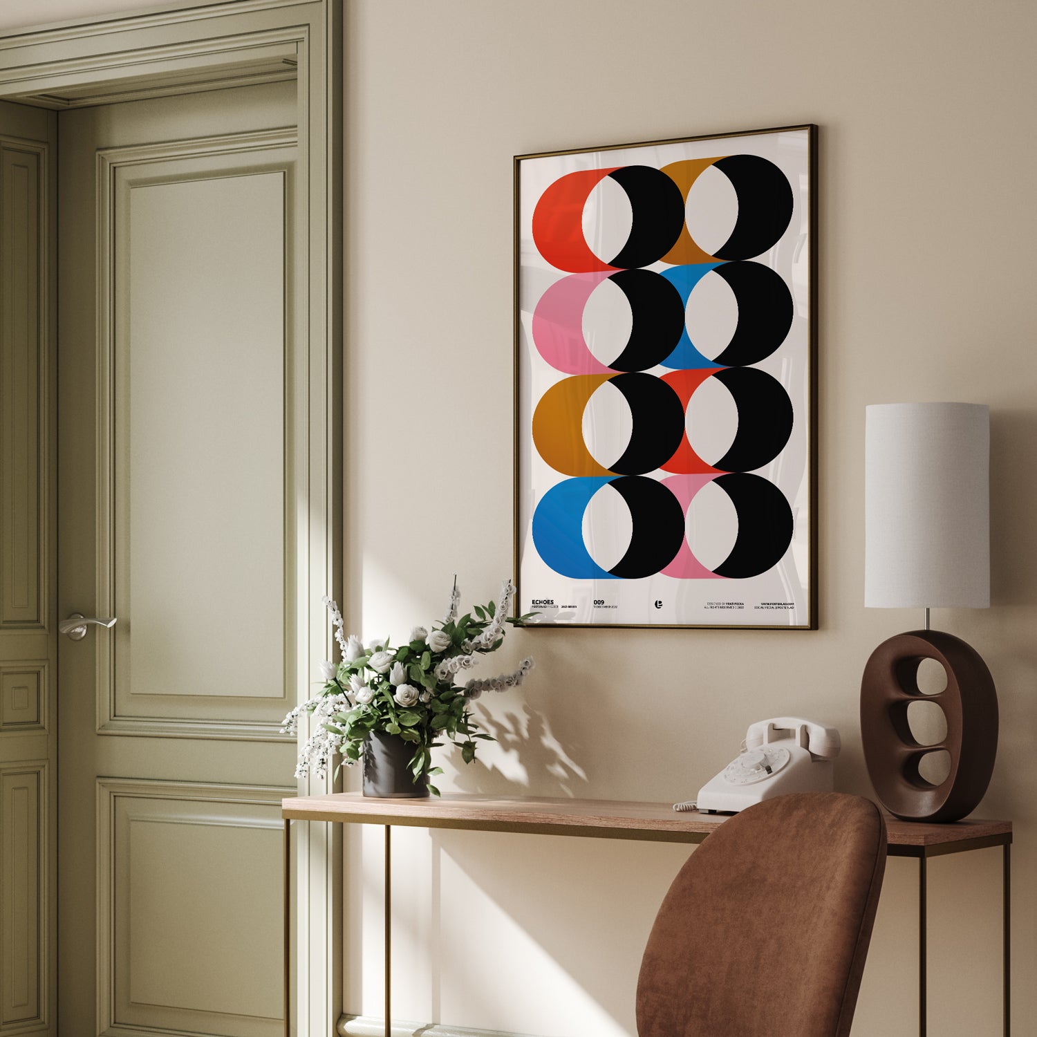 A vibrant and colorful poster titled Echoes, showcasing a beautiful design on thick matte paper, perfect for home or office decor.