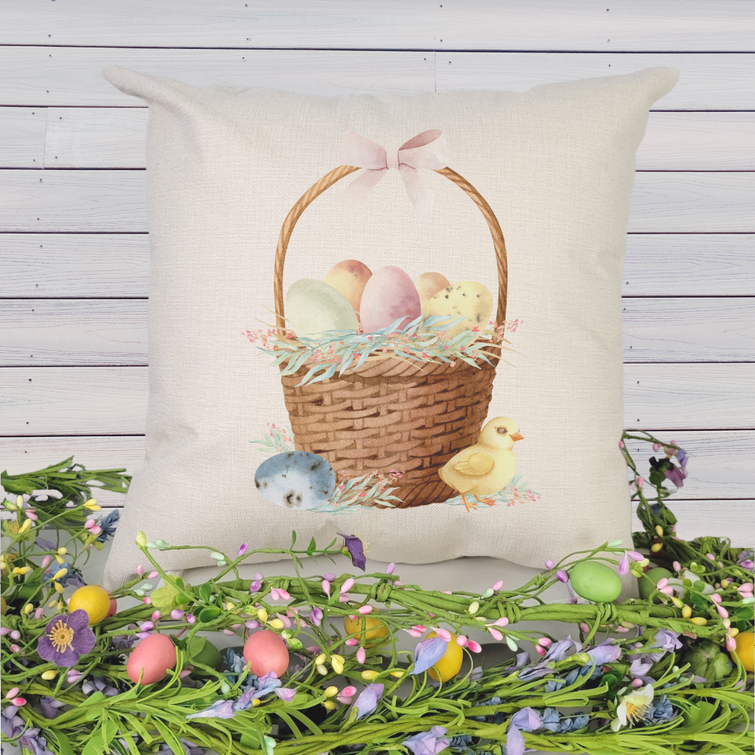 Egg Basket Pillow Cover featuring floral designs on a soft linen fabric, ideal for Spring decor.