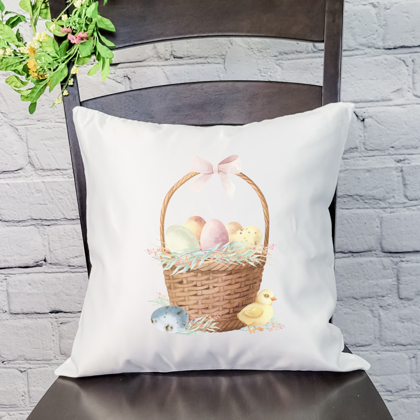 Egg Basket Pillow Cover featuring floral designs on a soft linen fabric, ideal for Spring decor.