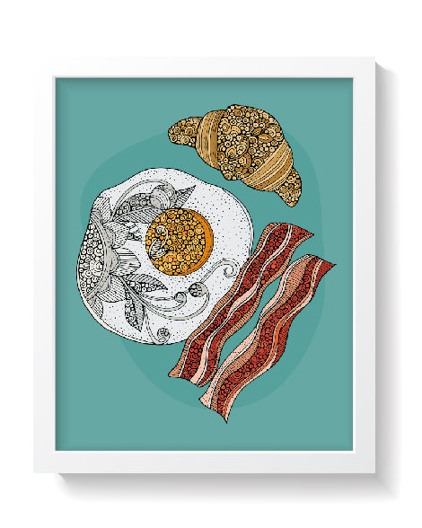 A vibrant archival art print featuring eggs and bacon, showcasing original pen and ink artwork with digital coloring.