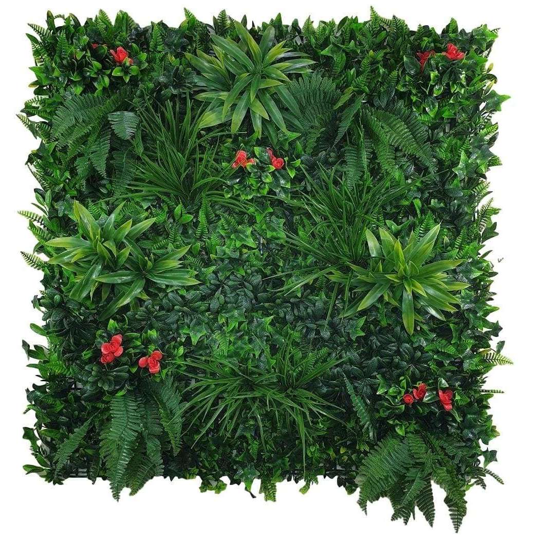 Elegant Red Rose Artificial Vertical Garden panel with lush tropical foliage and vibrant red roses, perfect for enhancing walls and privacy.