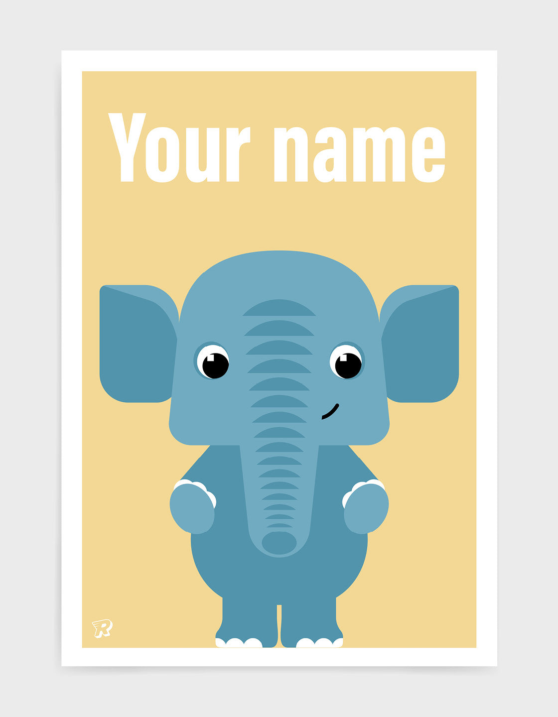 Personalized elephant poster for kids' nursery decor, featuring a cute elephant illustration and customizable name.