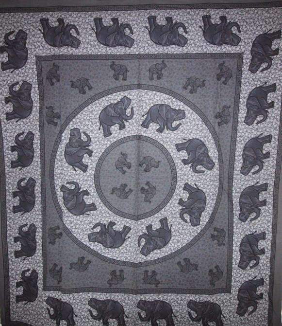 A beautifully designed Elephant Herd Mandala Tapestry featuring elephants in a circular pattern on a self-design background, available in three colors.