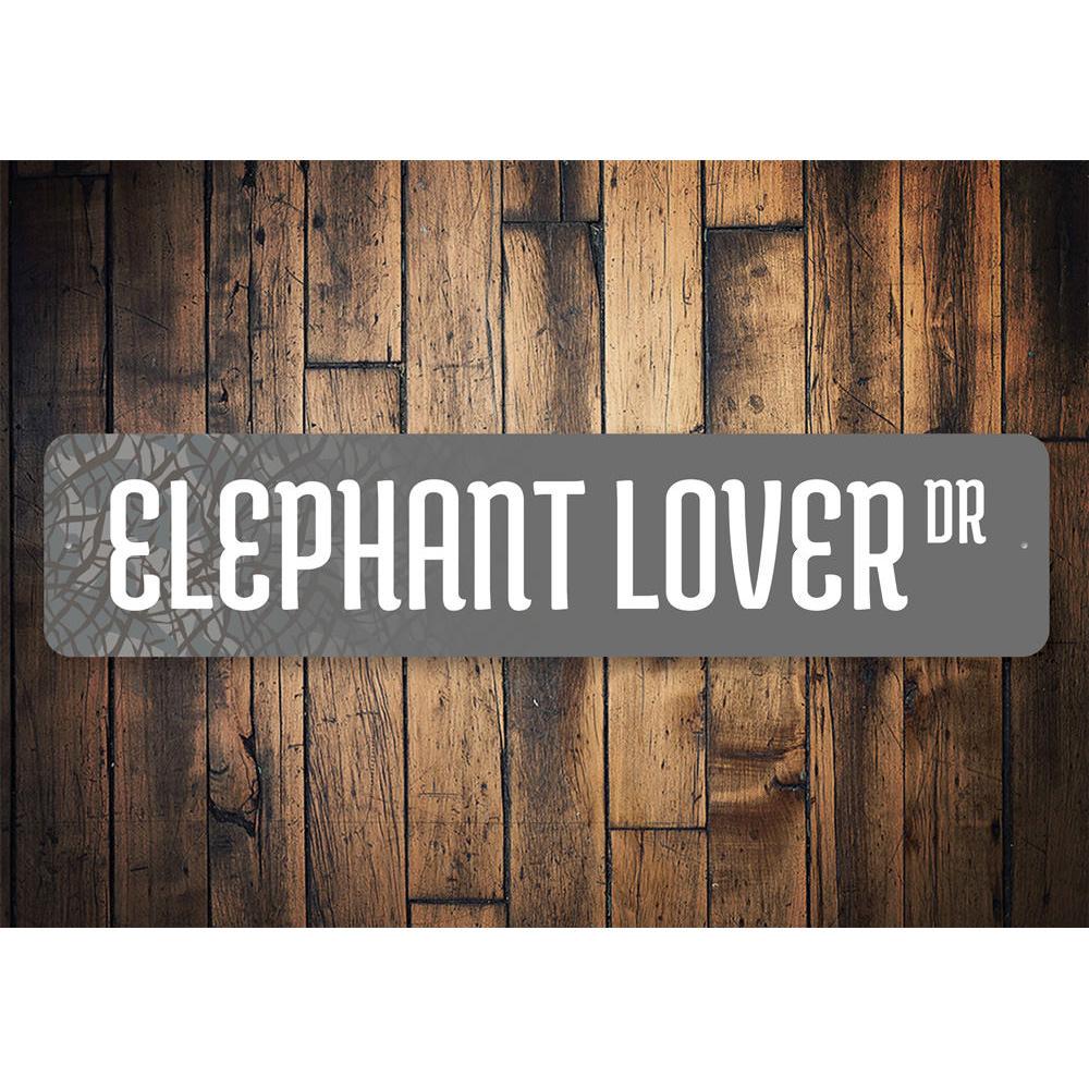 Elephant Lover Street Sign made of durable aluminum, featuring a whimsical elephant design, perfect for home decor.