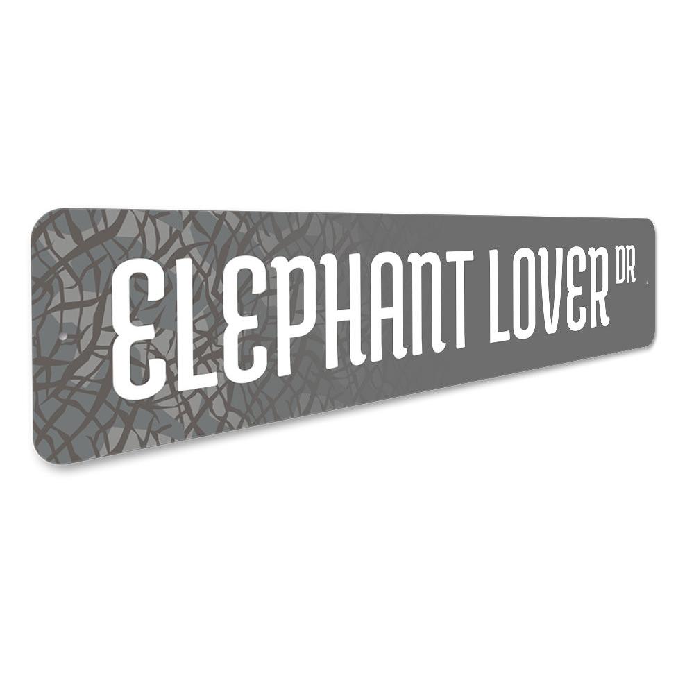 Elephant Lover Street Sign made of durable aluminum, featuring a whimsical elephant design, perfect for home decor.