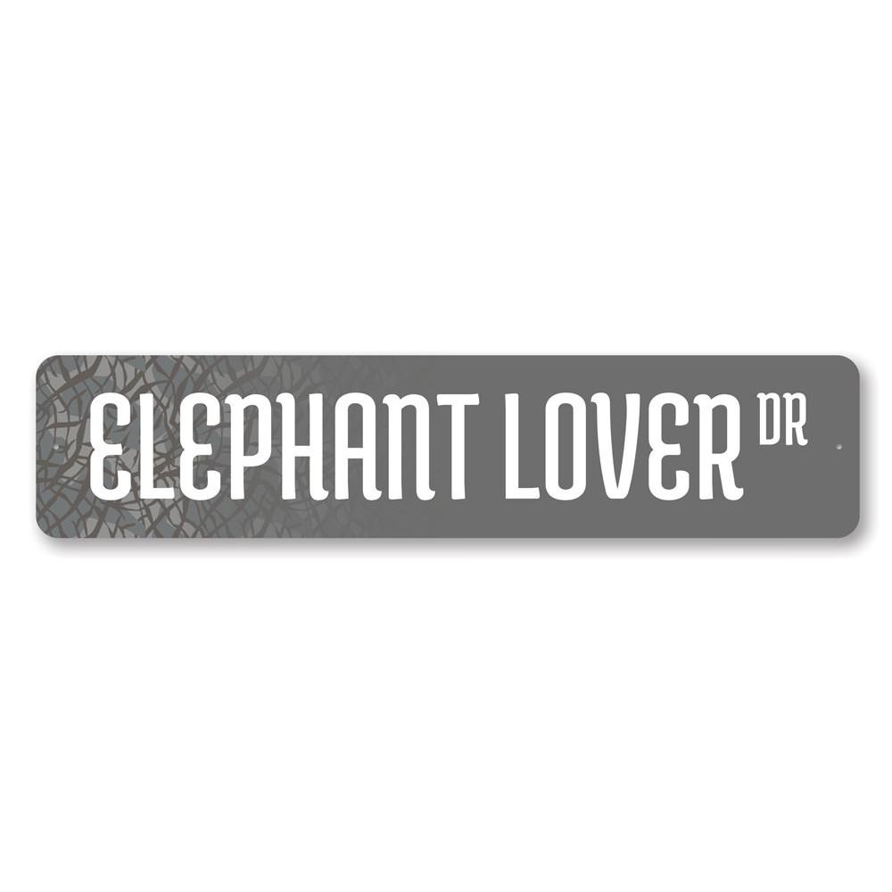 Elephant Lover Street Sign made of durable aluminum, featuring a whimsical elephant design, perfect for home decor.