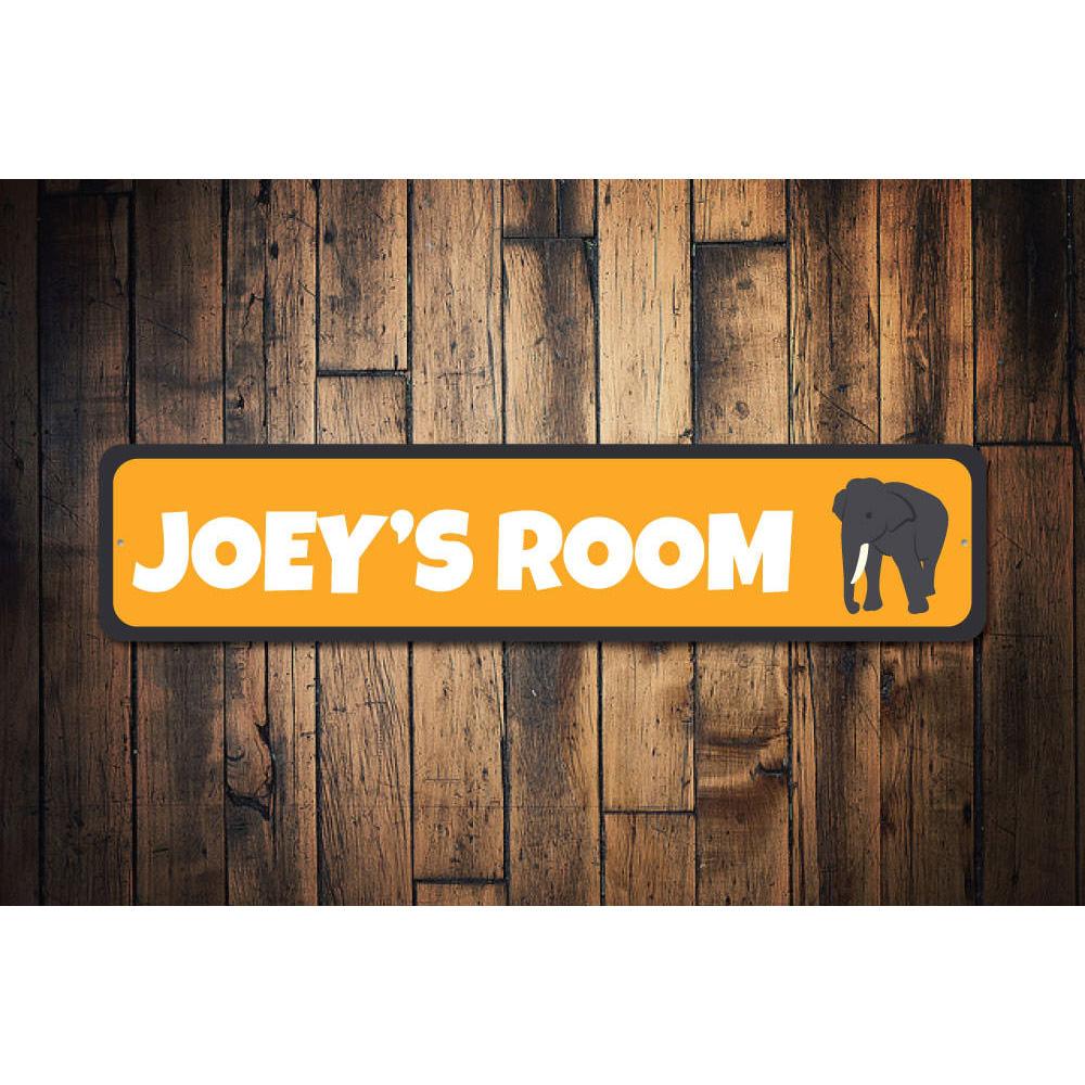 A colorful Elephant Sign made of high-quality aluminum, featuring customizable text, perfect for children's rooms and home decor.