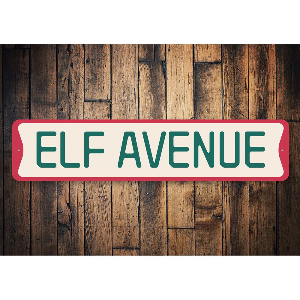 Elf Avenue Christmas Sign featuring festive design, made of high-quality aluminum, perfect for holiday decorations.