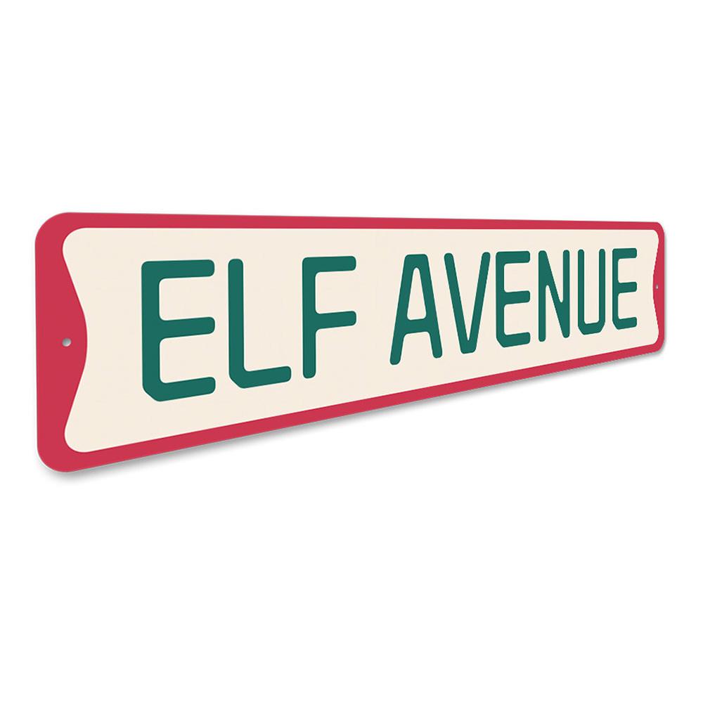 Elf Avenue Christmas Sign featuring festive design, made of high-quality aluminum, perfect for holiday decorations.