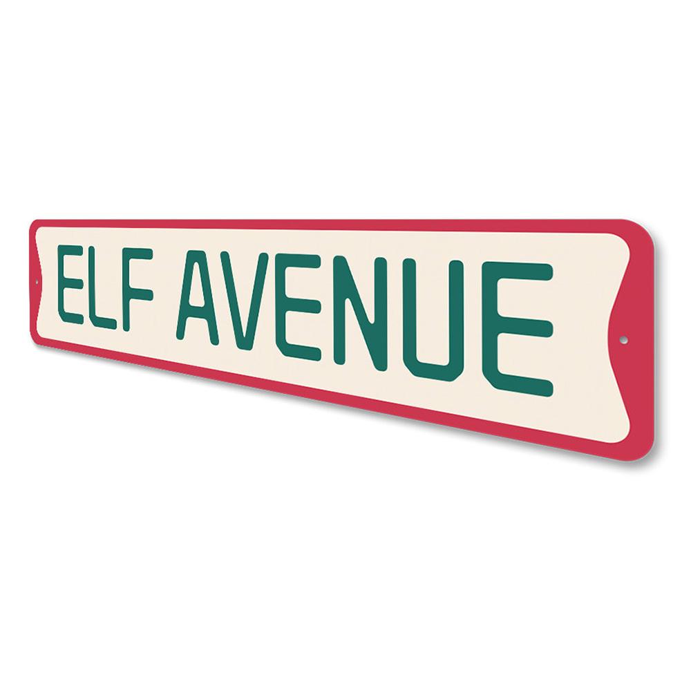 Elf Avenue Christmas Sign featuring festive design, made of high-quality aluminum, perfect for holiday decorations.