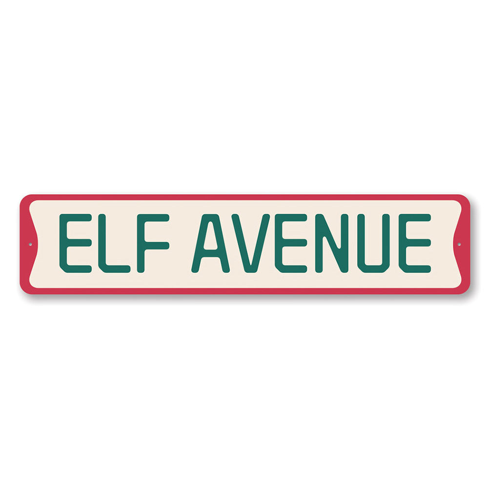 Elf Avenue Christmas Sign featuring festive design, made of high-quality aluminum, perfect for holiday decorations.