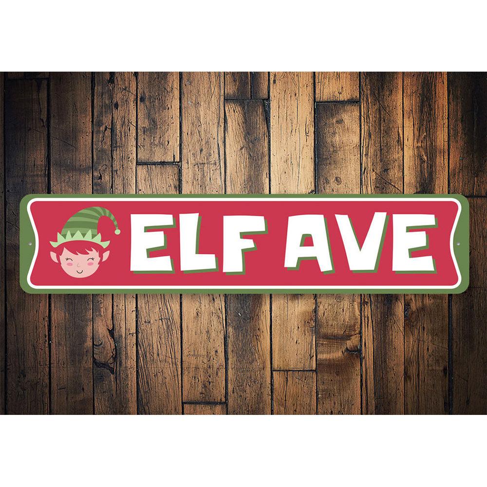 Elf Avenue Holiday Sign featuring festive design, made of durable aluminum, perfect for Christmas decorations.