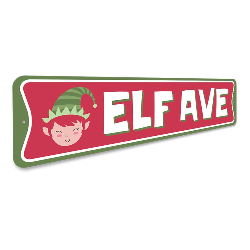 Elf Avenue Holiday Sign featuring festive design, made of durable aluminum, perfect for Christmas decorations.