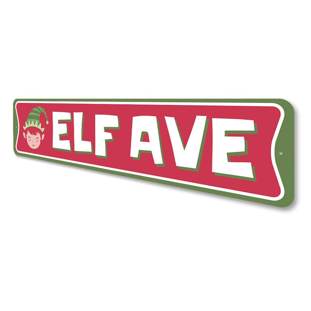 Elf Avenue Holiday Sign featuring festive design, made of durable aluminum, perfect for Christmas decorations.