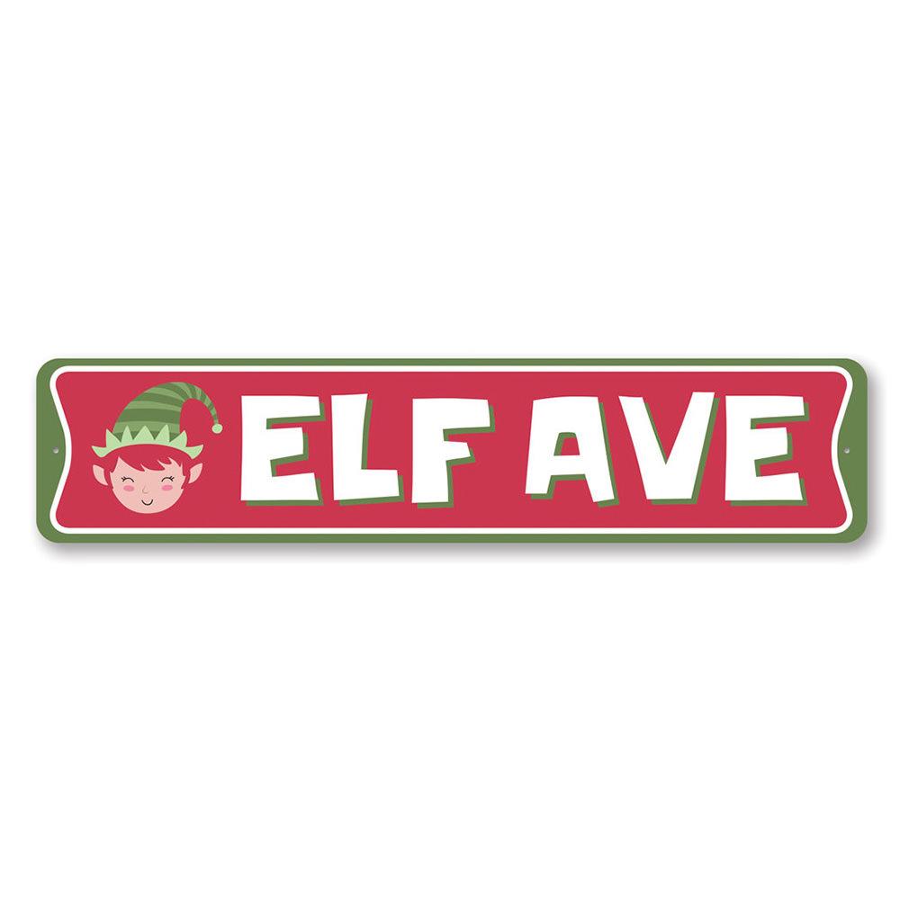 Elf Avenue Holiday Sign featuring festive design, made of durable aluminum, perfect for Christmas decorations.