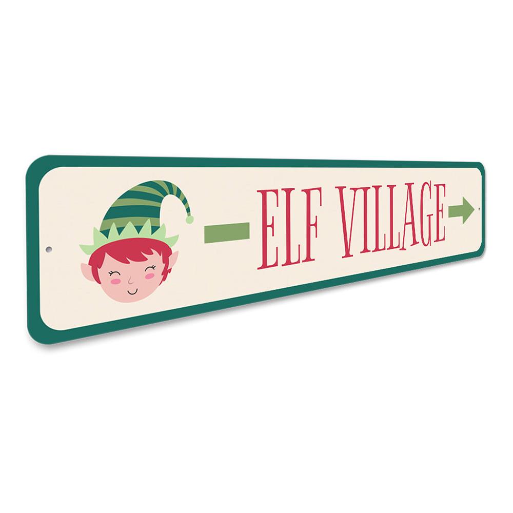 Elf Village This Way Holiday Sign made of aluminum, featuring festive design perfect for Christmas decorations.