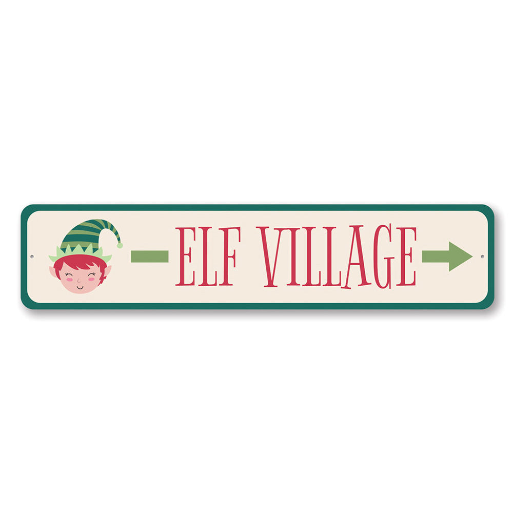 Elf Village This Way Holiday Sign made of aluminum, featuring festive design perfect for Christmas decorations.