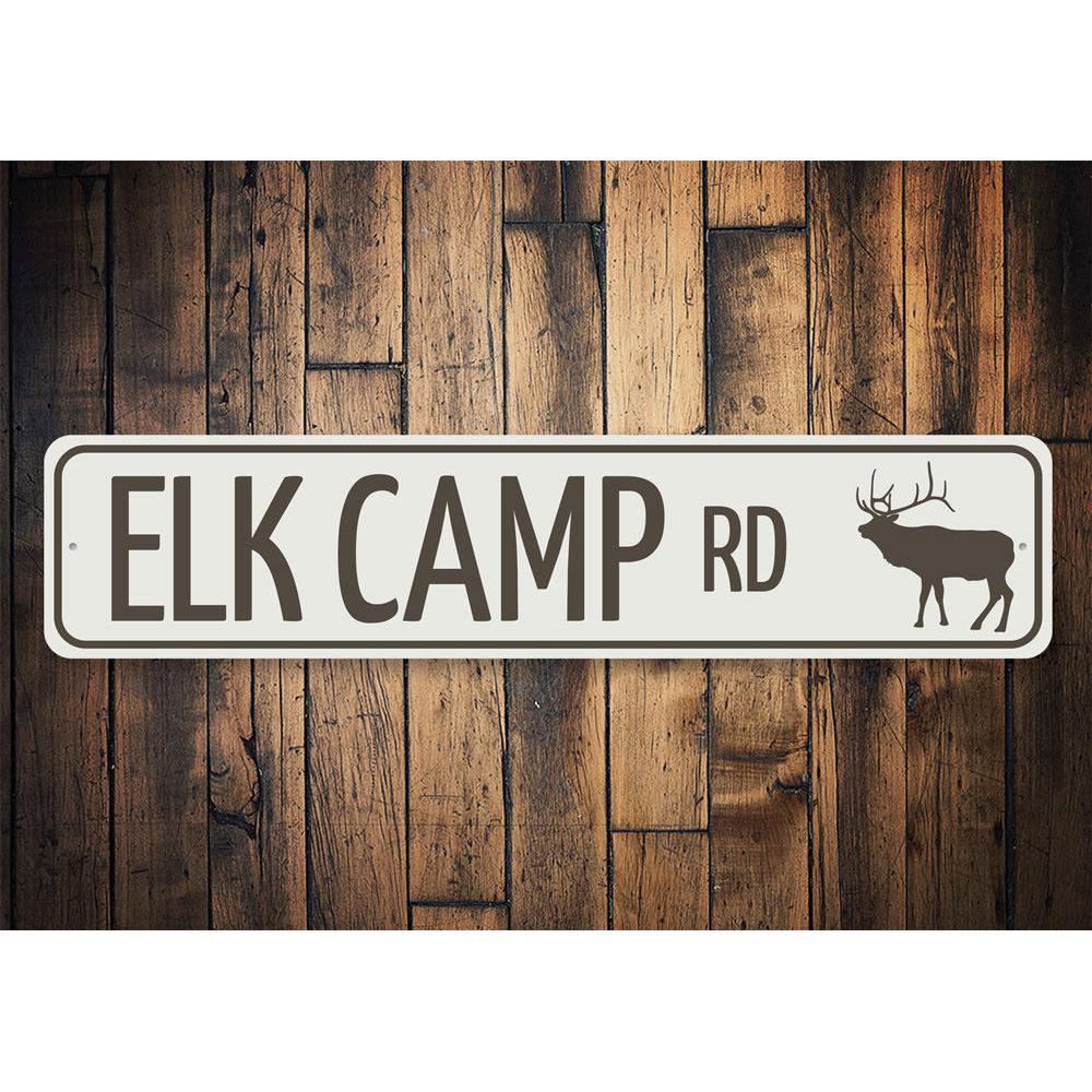 Elk Camp Road Sign made of durable aluminum, featuring customizable text and pre-drilled holes for easy mounting, perfect for lakehouse decor.