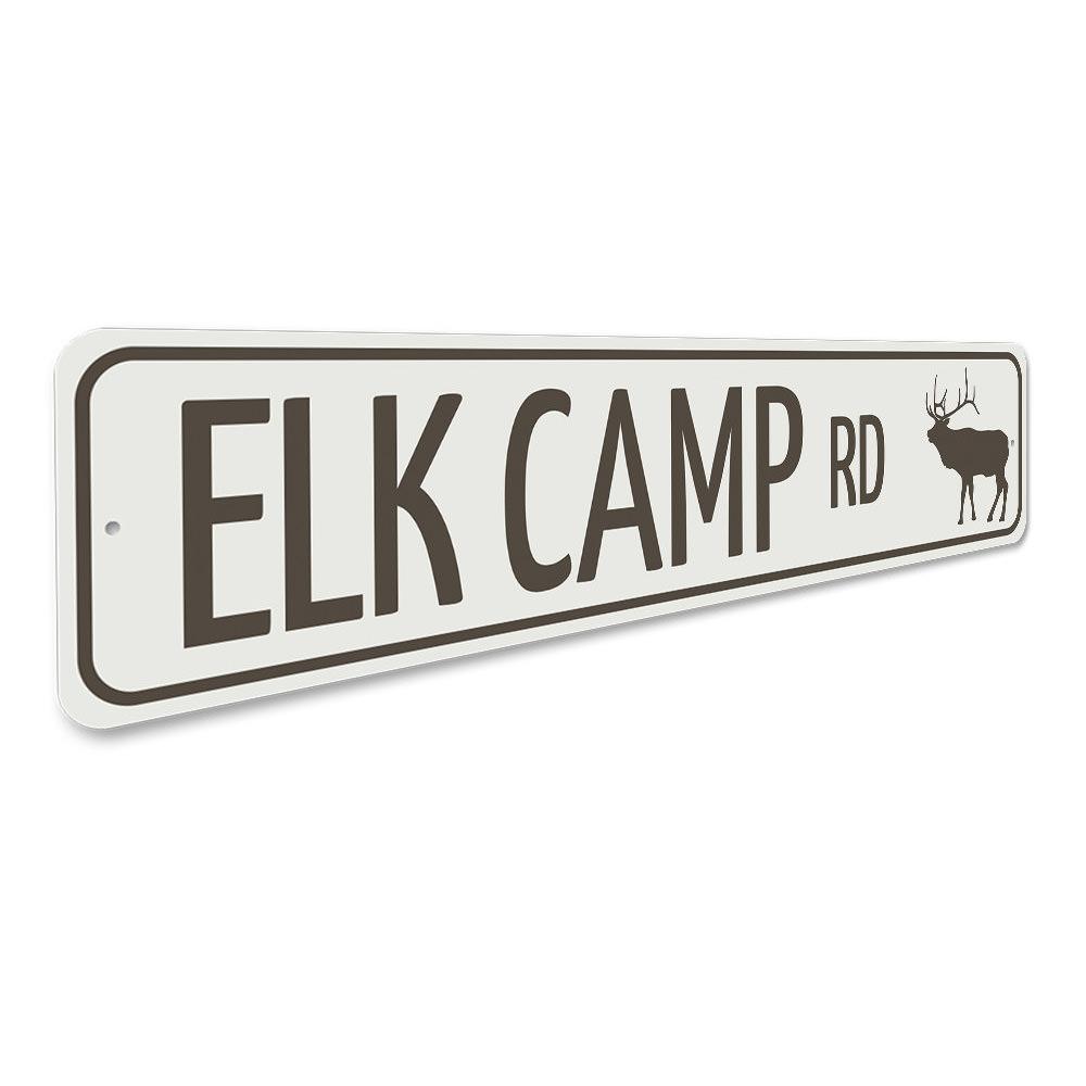 Elk Camp Road Sign made of durable aluminum, featuring customizable text and pre-drilled holes for easy mounting, perfect for lakehouse decor.