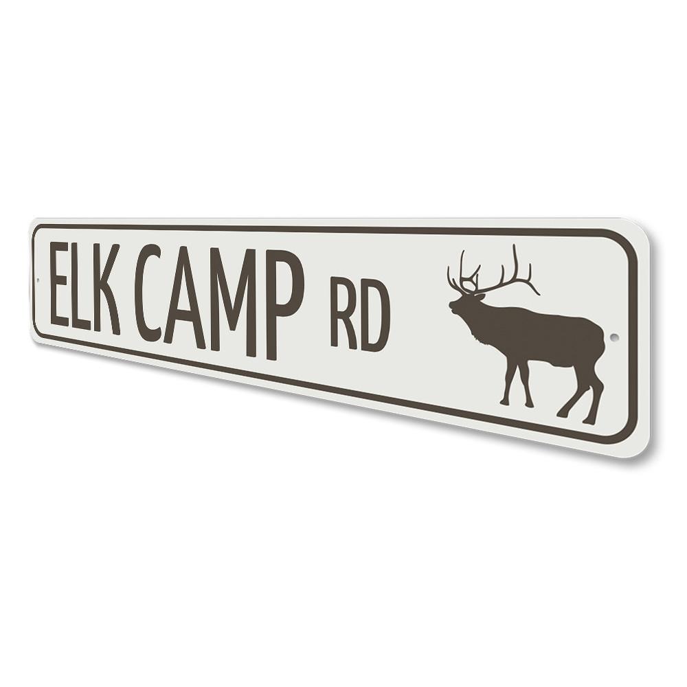 Elk Camp Road Sign made of durable aluminum, featuring customizable text and pre-drilled holes for easy mounting, perfect for lakehouse decor.