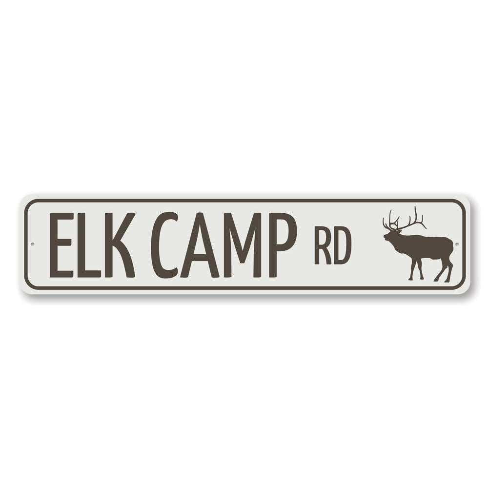 Elk Camp Road Sign made of durable aluminum, featuring customizable text and pre-drilled holes for easy mounting, perfect for lakehouse decor.