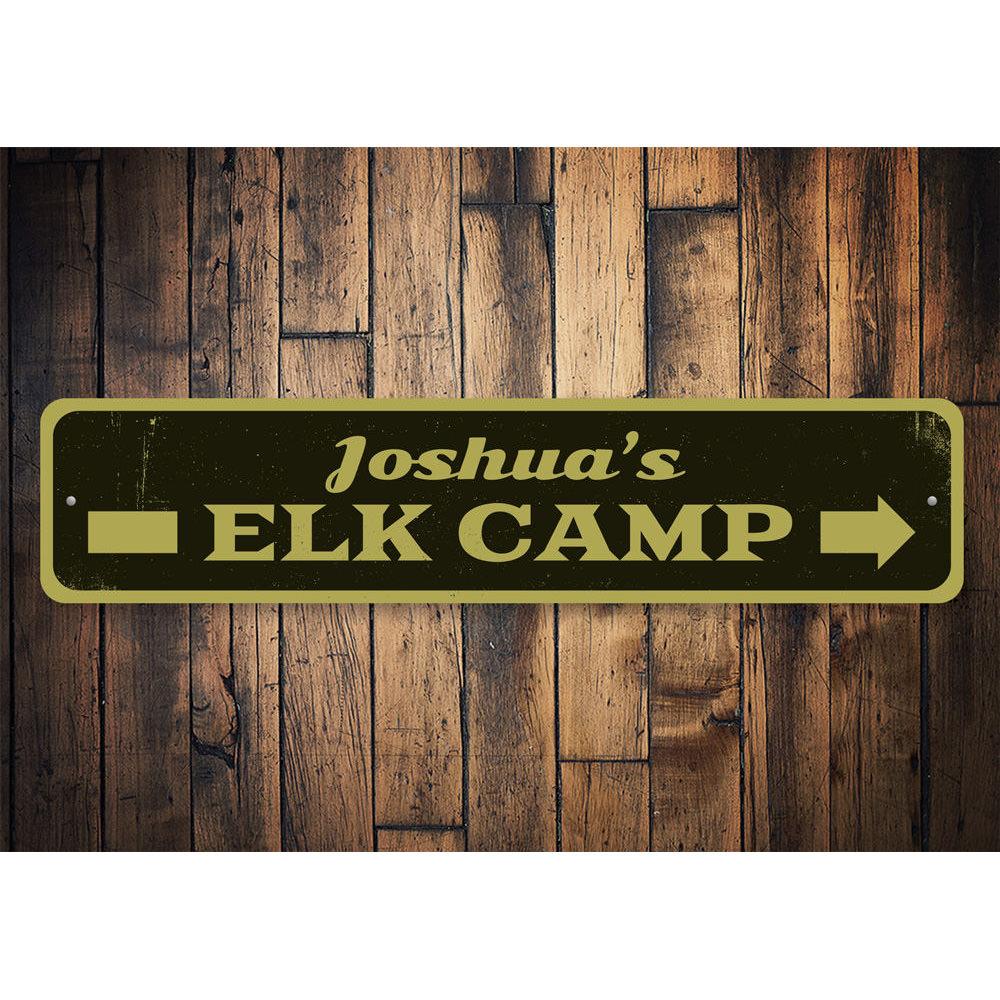 Elk Camp Sign made of high-quality aluminum, featuring customizable text and pre-drilled holes for easy mounting.