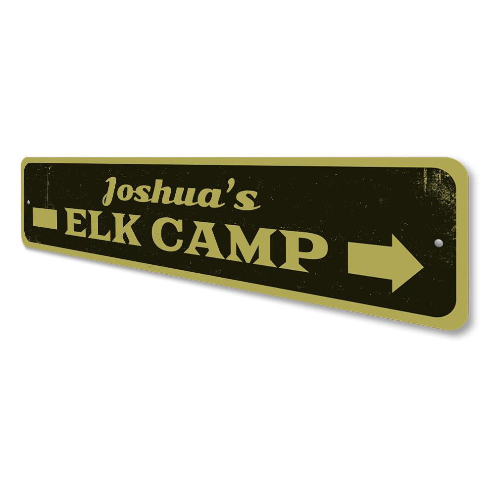 Elk Camp Sign made of high-quality aluminum, featuring customizable text and pre-drilled holes for easy mounting.