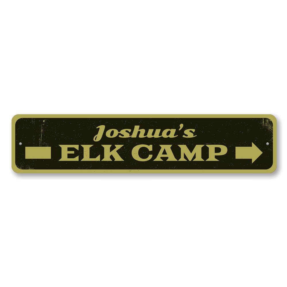 Elk Camp Sign made of high-quality aluminum, featuring customizable text and pre-drilled holes for easy mounting.