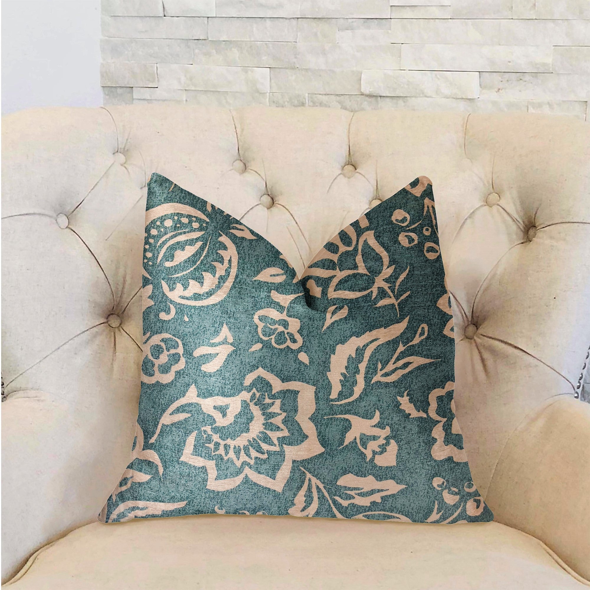 Elsi Pom Blue and Beige Luxury Throw Pillow featuring a floral pattern, handmade in the USA with a soft cotton fabric.