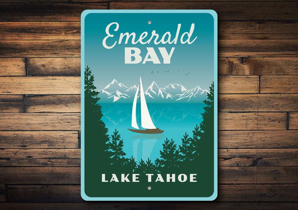 Emerald Bay Sign featuring a decorative lake design, made from high-quality aluminum, showcasing vibrant colors and customizable text.