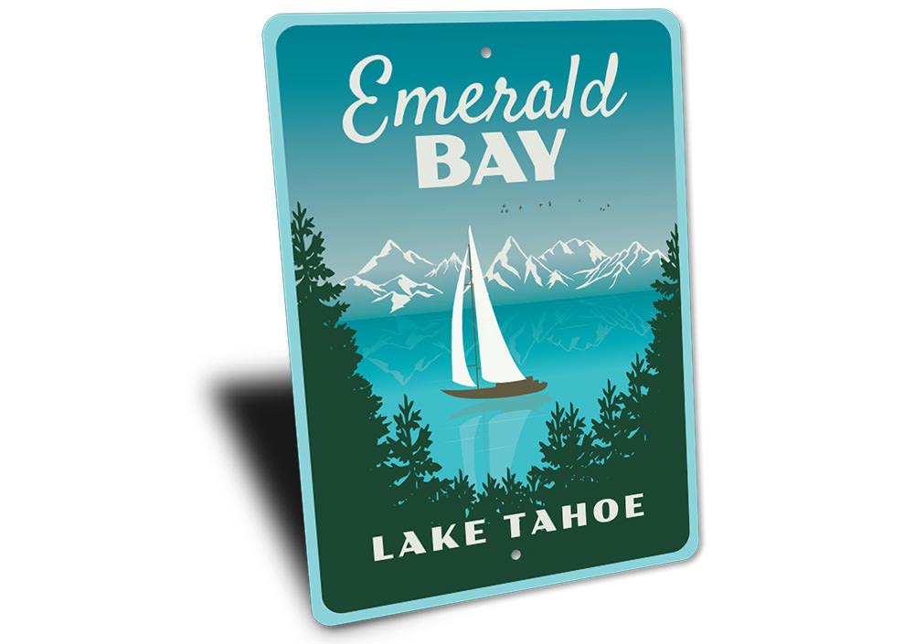 Emerald Bay Sign featuring a decorative lake design, made from high-quality aluminum, showcasing vibrant colors and customizable text.