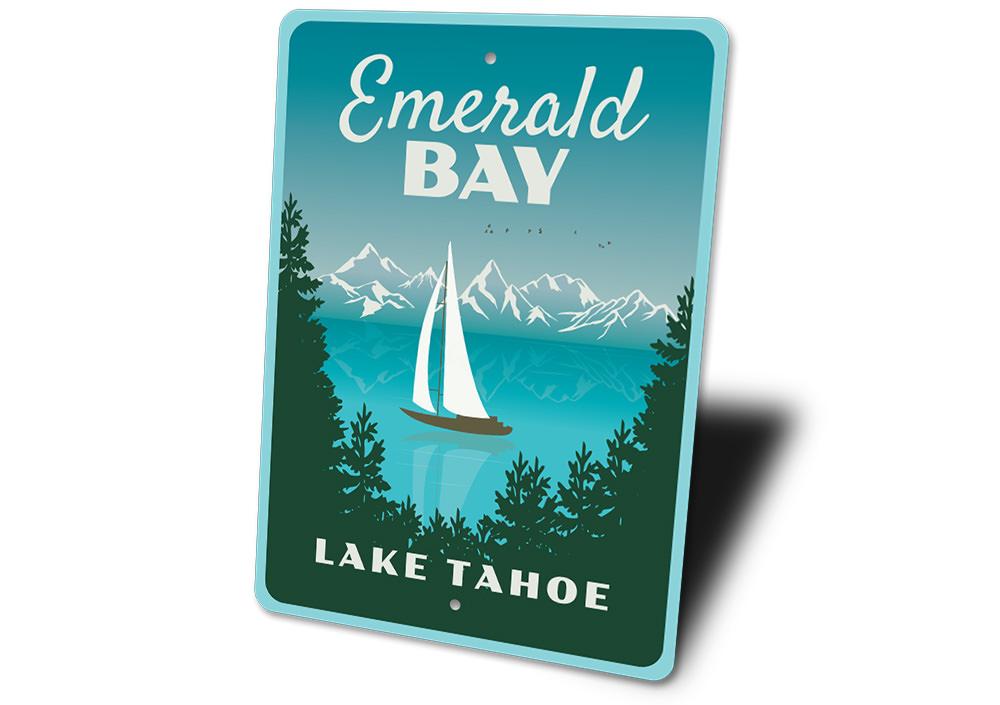 Emerald Bay Sign featuring a decorative lake design, made from high-quality aluminum, showcasing vibrant colors and customizable text.