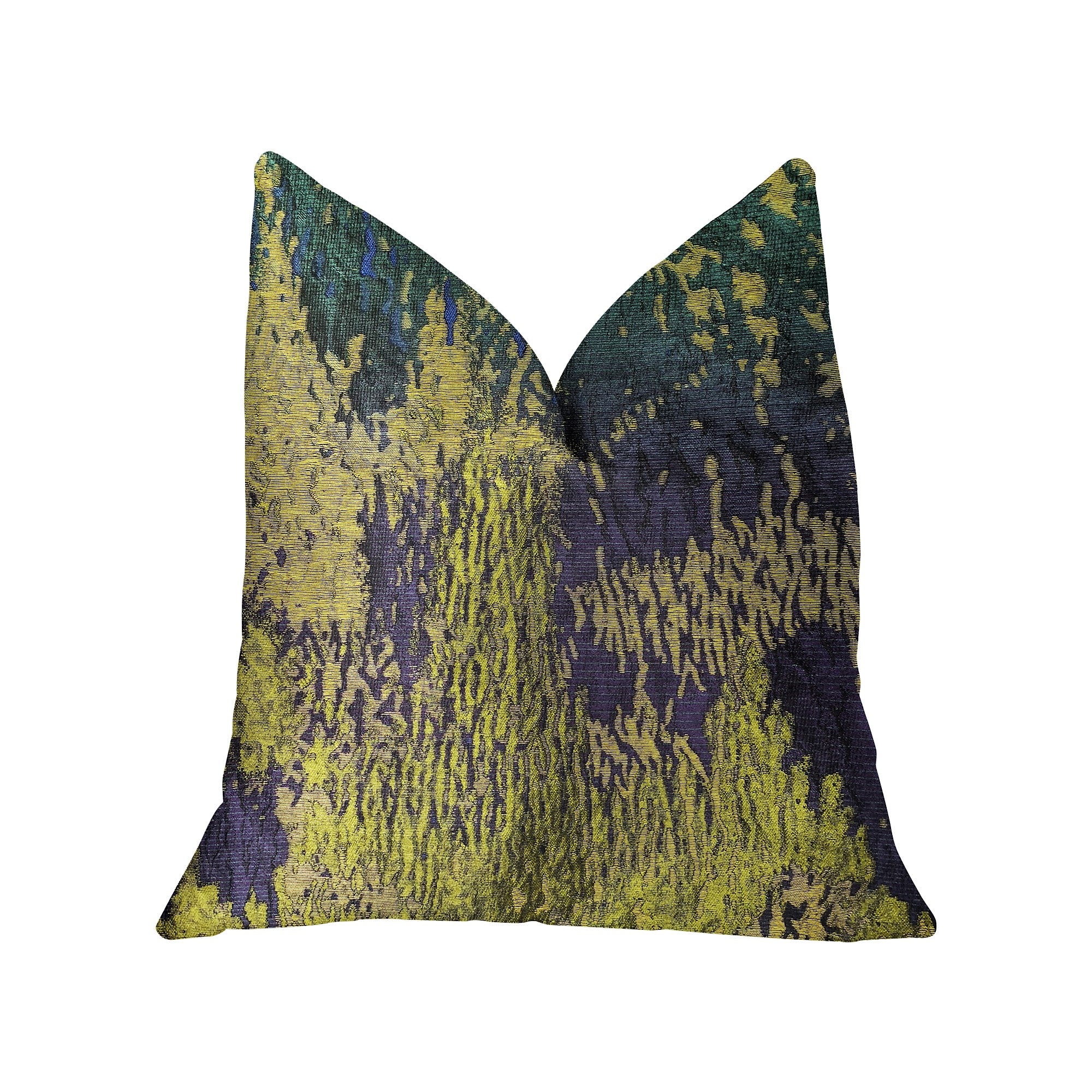 Emerald Rainforest Green, Yellow and Blue Luxury Throw Pillow showcasing vibrant colors and abstract pattern, handmade in the USA.