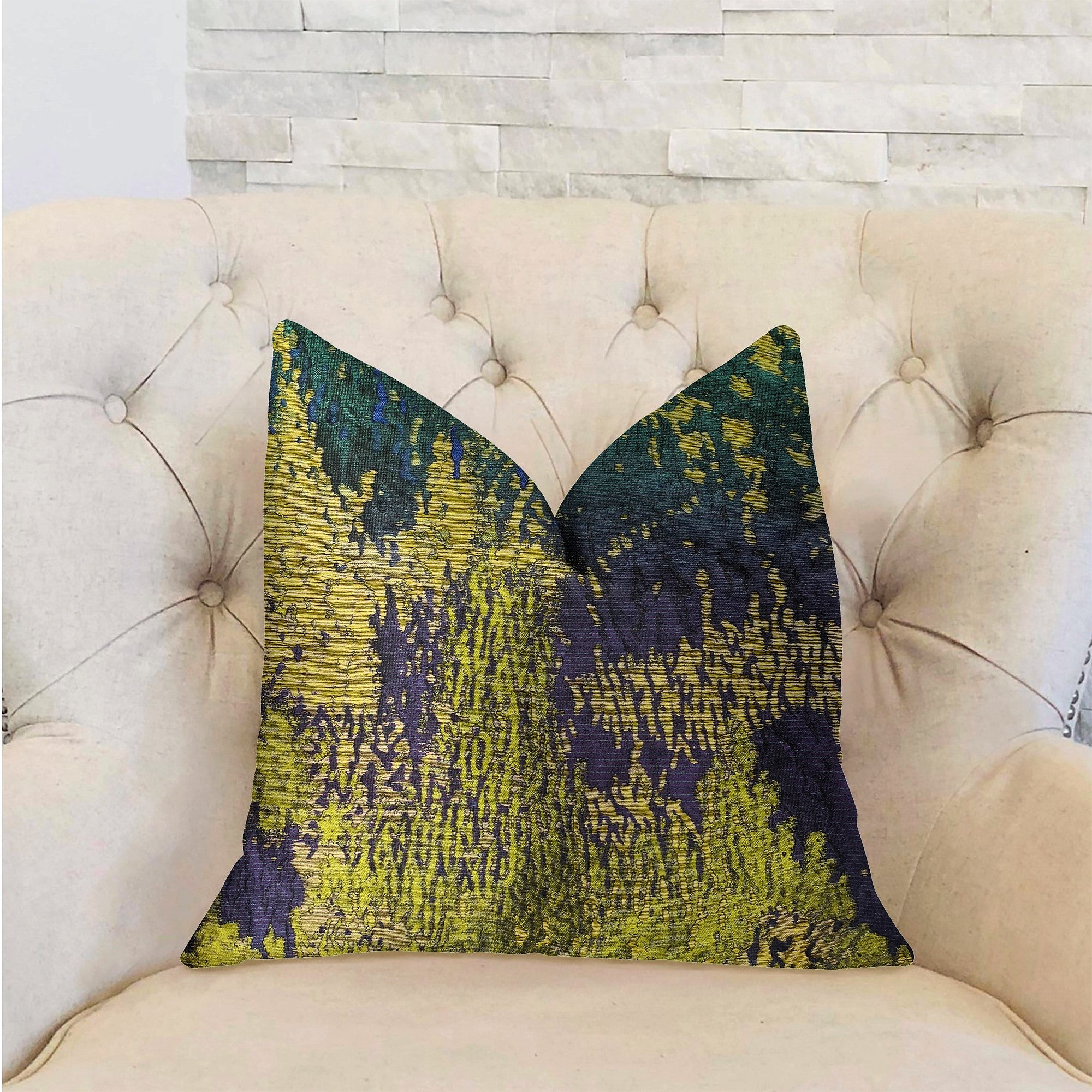 Emerald Rainforest Green, Yellow and Blue Luxury Throw Pillow showcasing vibrant colors and abstract pattern, handmade in the USA.