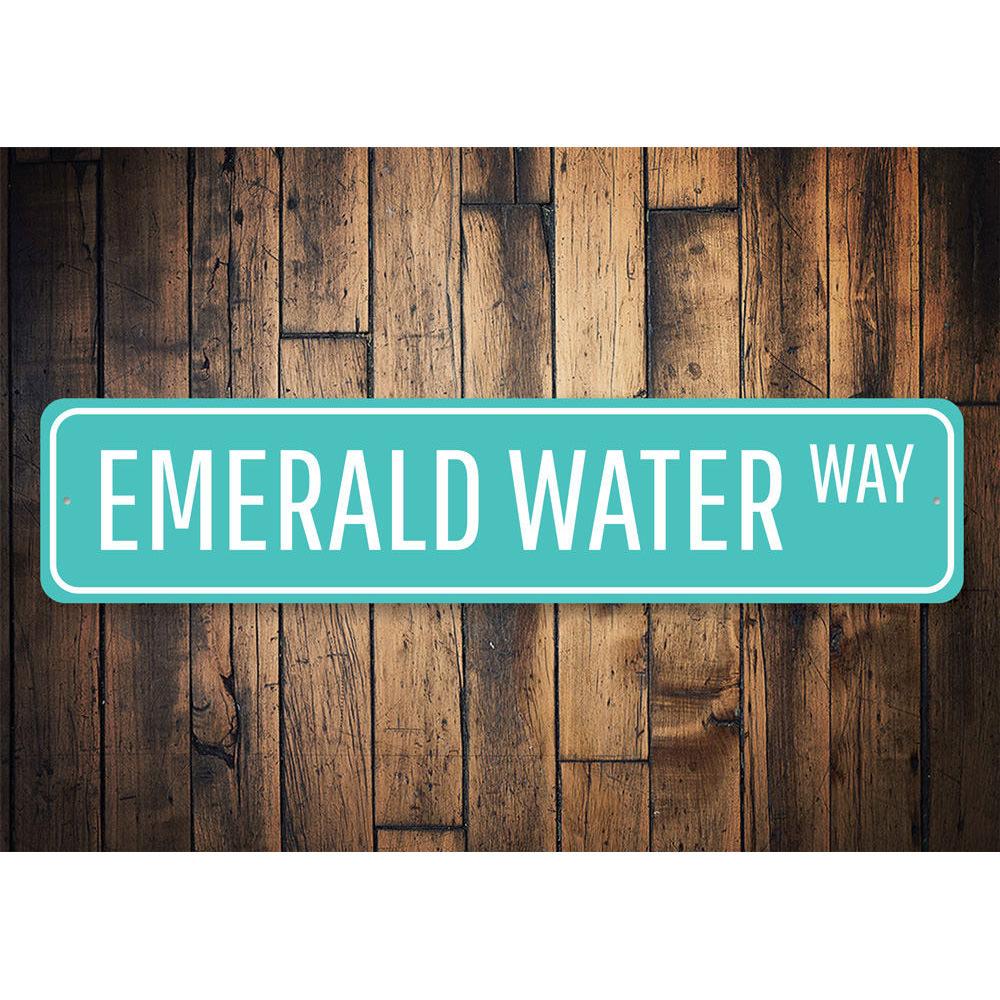 Emerald Water Way Sign made of high-quality aluminum, featuring a beach-themed design, perfect for coastal decor.