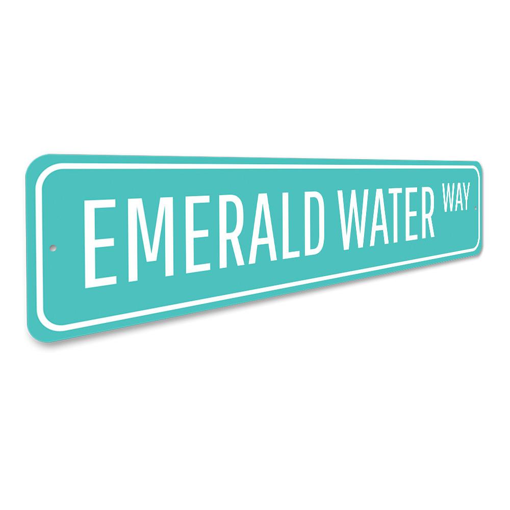 Emerald Water Way Sign made of high-quality aluminum, featuring a beach-themed design, perfect for coastal decor.