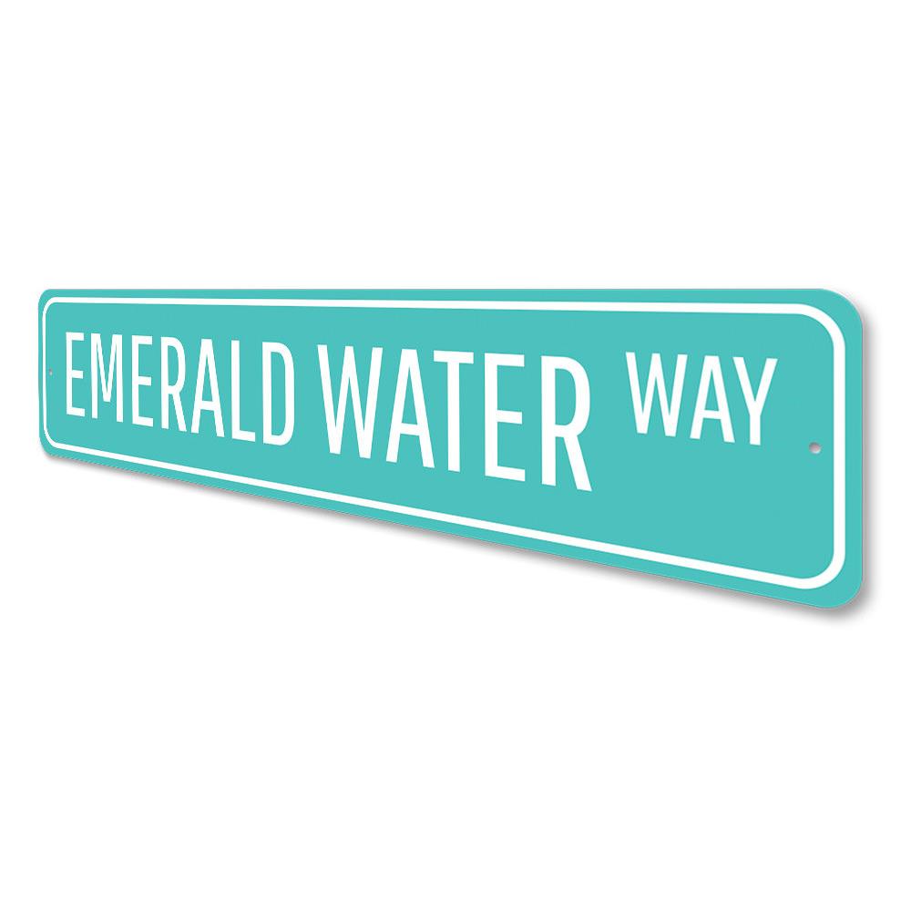 Emerald Water Way Sign made of high-quality aluminum, featuring a beach-themed design, perfect for coastal decor.