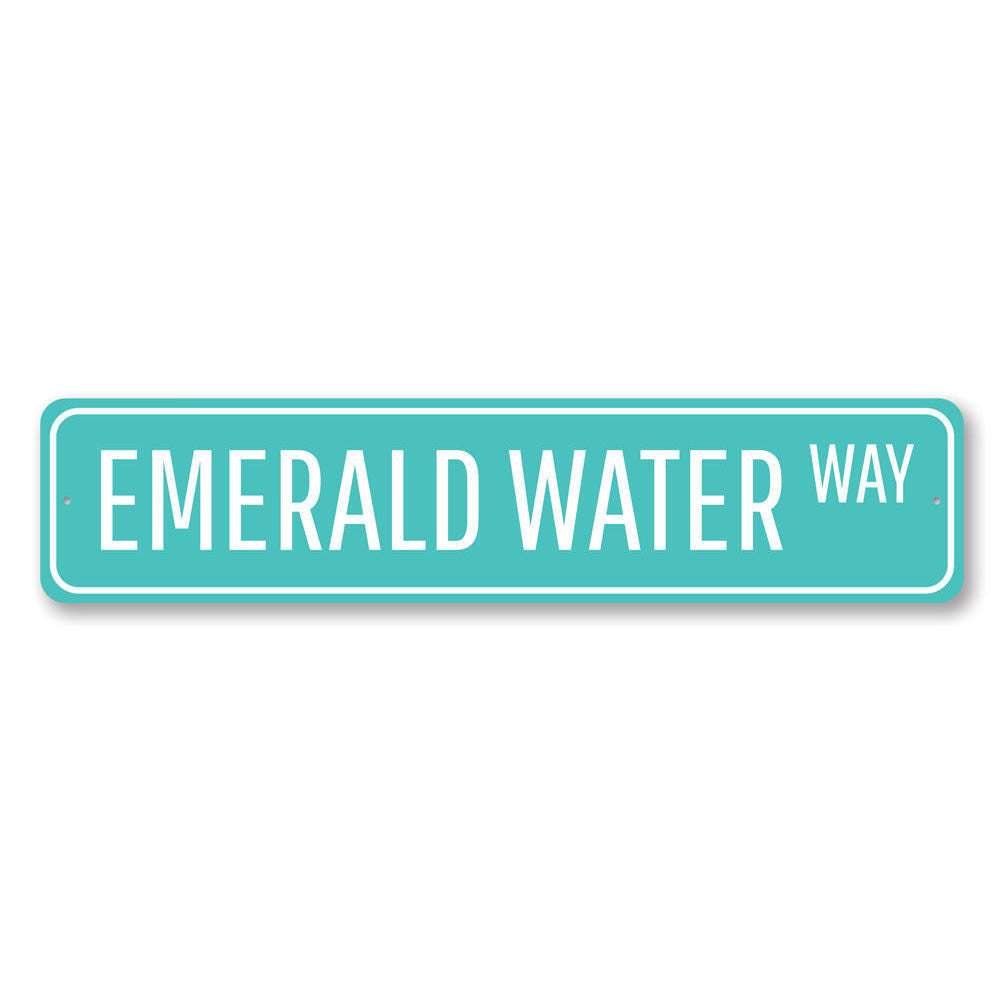 Emerald Water Way Sign made of high-quality aluminum, featuring a beach-themed design, perfect for coastal decor.