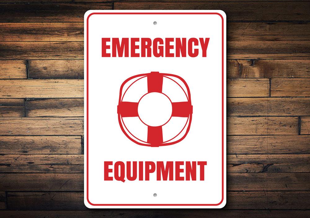 Customizable Emergency Equipment Sign made from durable aluminum, featuring pre-drilled holes for easy mounting.