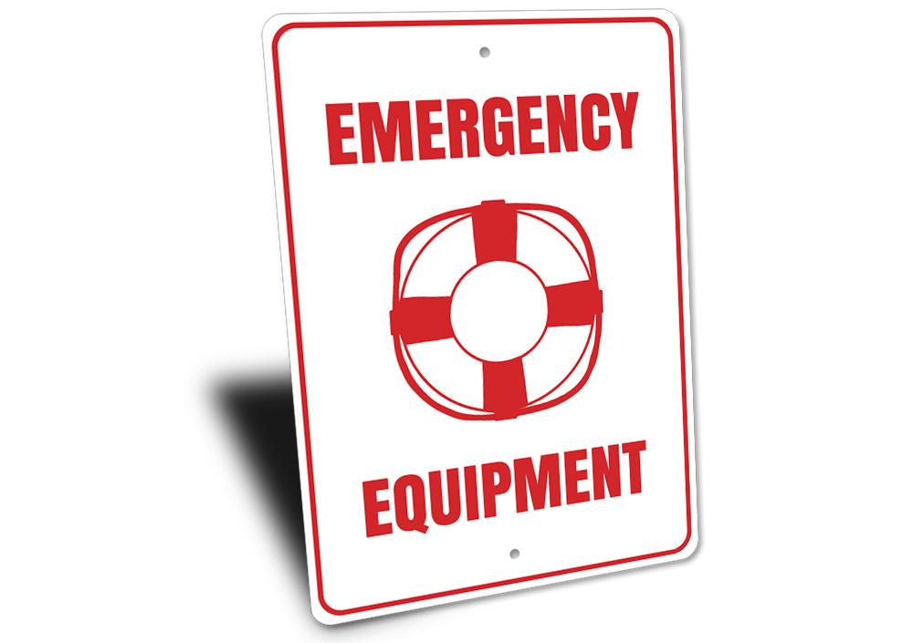 Customizable Emergency Equipment Sign made from durable aluminum, featuring pre-drilled holes for easy mounting.