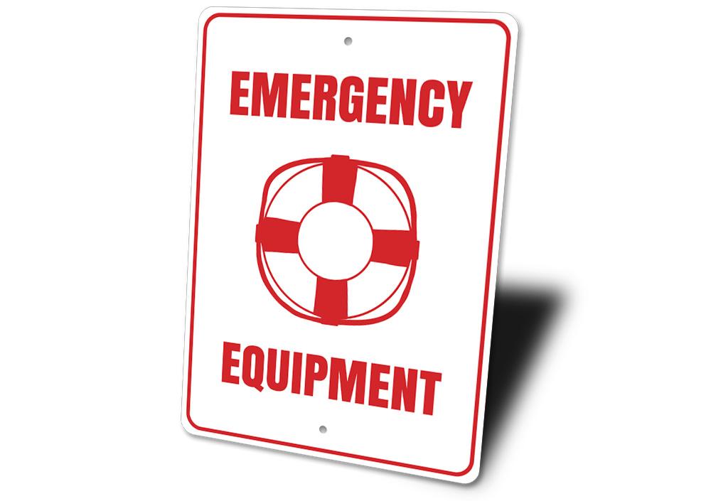 Customizable Emergency Equipment Sign made from durable aluminum, featuring pre-drilled holes for easy mounting.