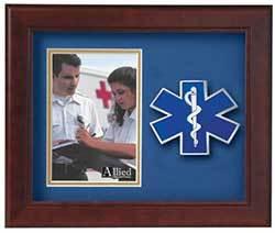 Emergency Medical Services vertical picture frame with EMS medallion, blue matting, and mahogany wood finish, holding a 4x6 inch photo.