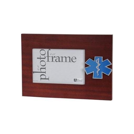 EMS Medallion Desktop Picture Frame in mahogany wood, displaying a 4x6 photo with a small EMS medallion.