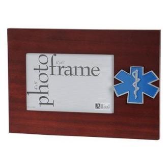 EMS Medallion Desktop Picture Frame in mahogany wood, displaying a 4x6 photo with an EMS medallion.