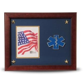 EMS Medallion Frame for 5x7 picture, featuring gold trim and stars, made from mahogany wood.